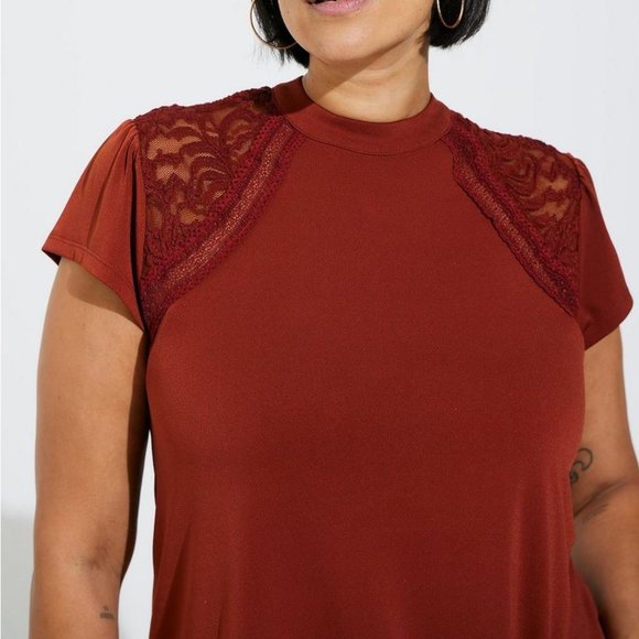Torrid Burgundy Studio Crepe Jersey Mock Neck Lace Inset Top, Size 6, Li… - Picture 2 of 5